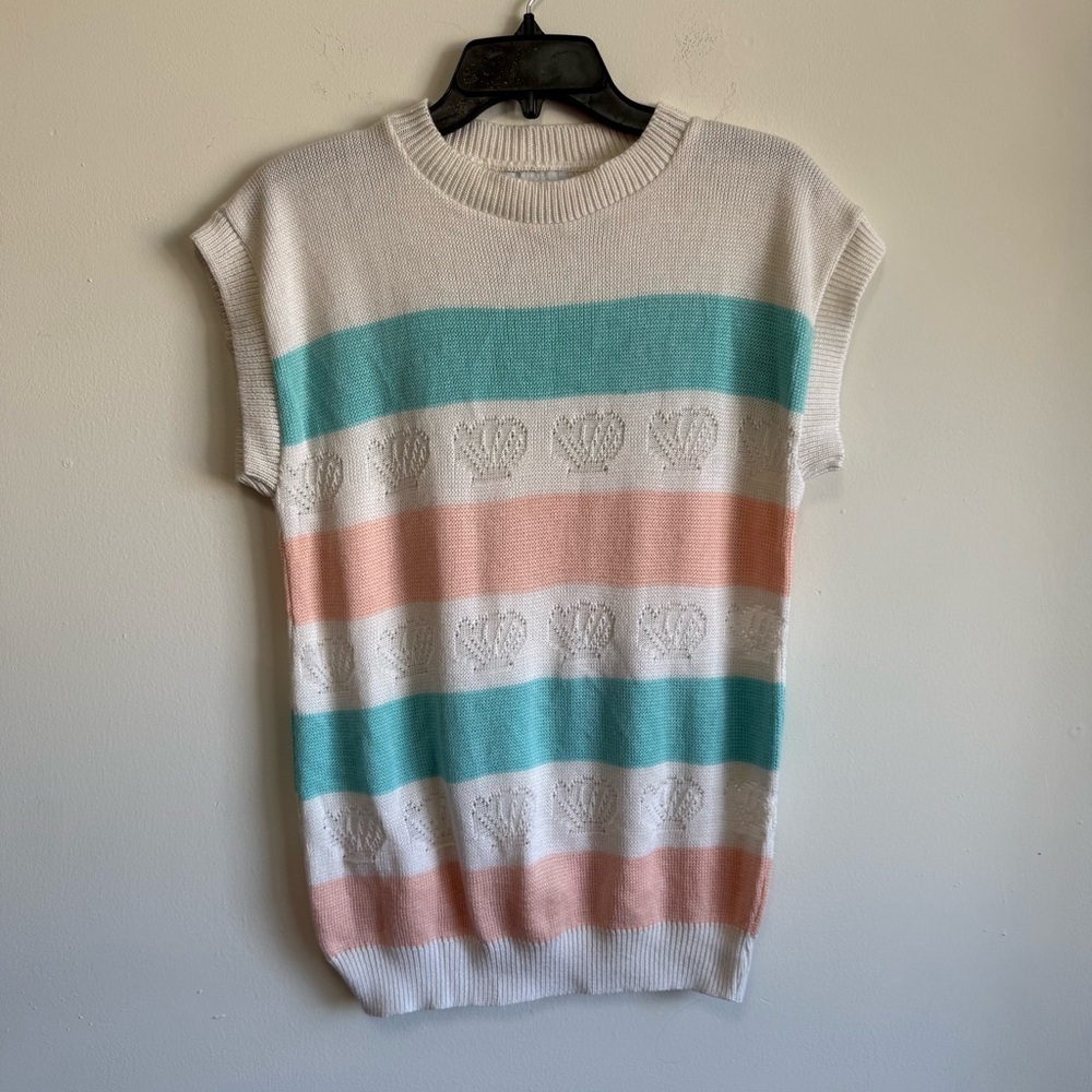 Vintage Separate Scene Seashell Knit Vest Pastel Striped Coastal Mermaidcore